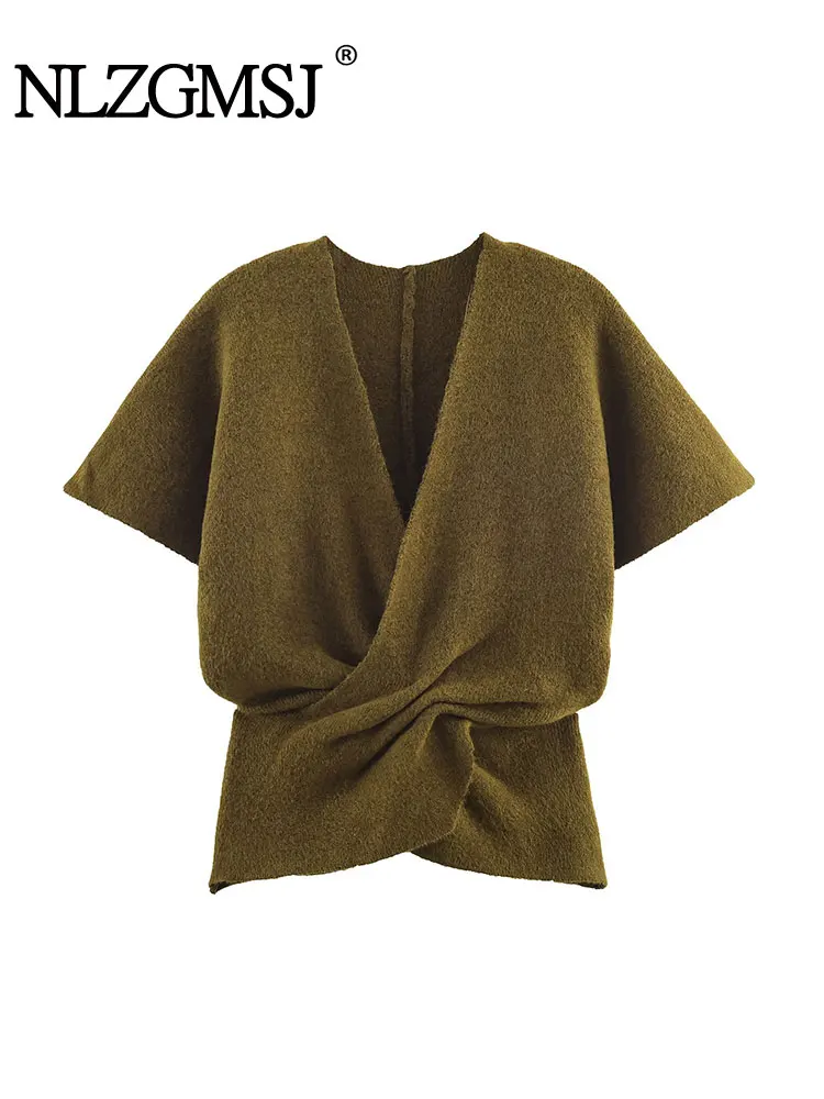 

NLZGMSJ Knitted Women Pullovers 2026 Spring Short Sleeve Wrap V Neck Tunic Sweaters Female Crop Top Y2K