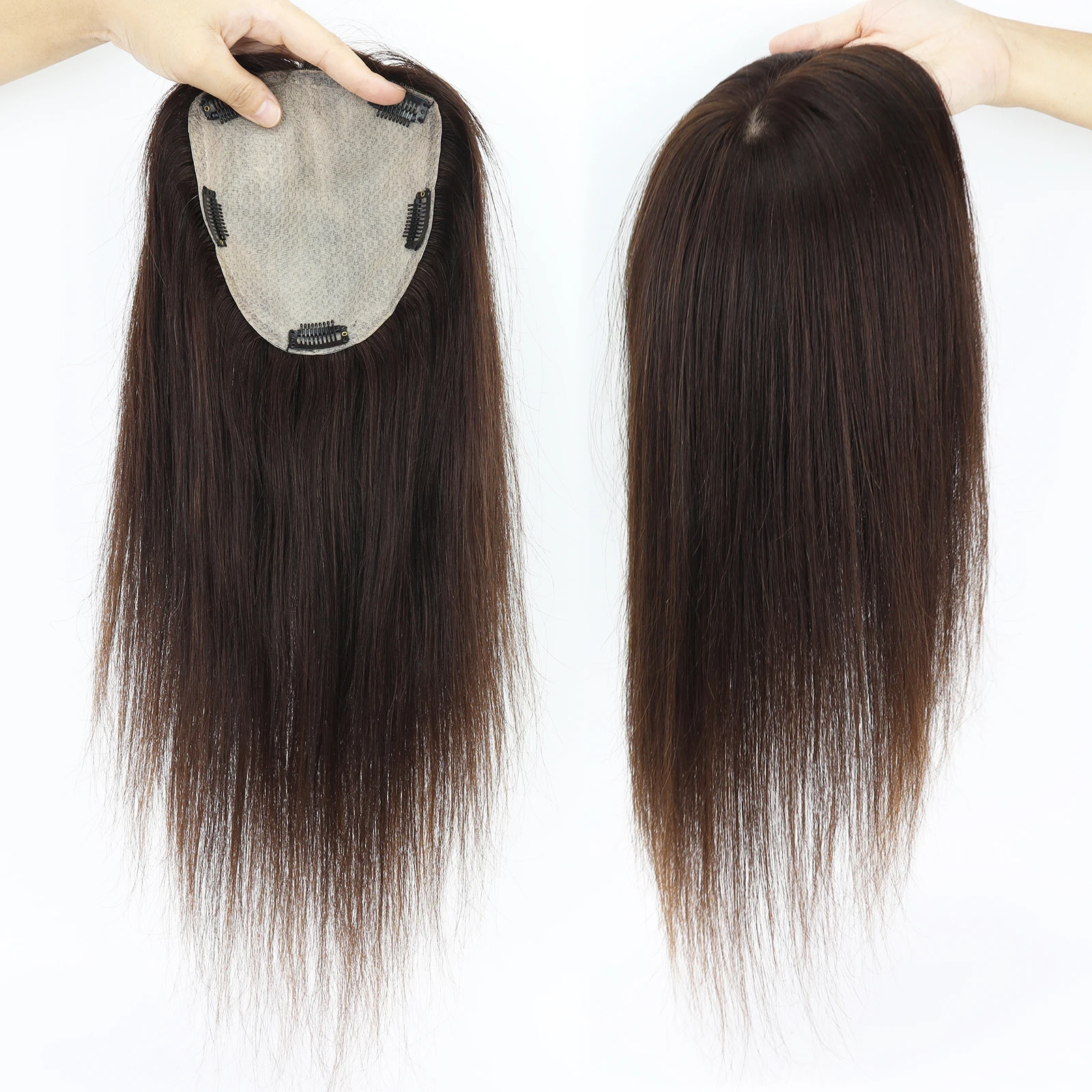 بني داكن 150% كثافة الشعر البشري توبر مع الانفجارات الحرير الجلد قاعدة الشعر المستعار مع مقاطع في 15x16 سنتيمتر غطاء قاعدة الحرير للنساء