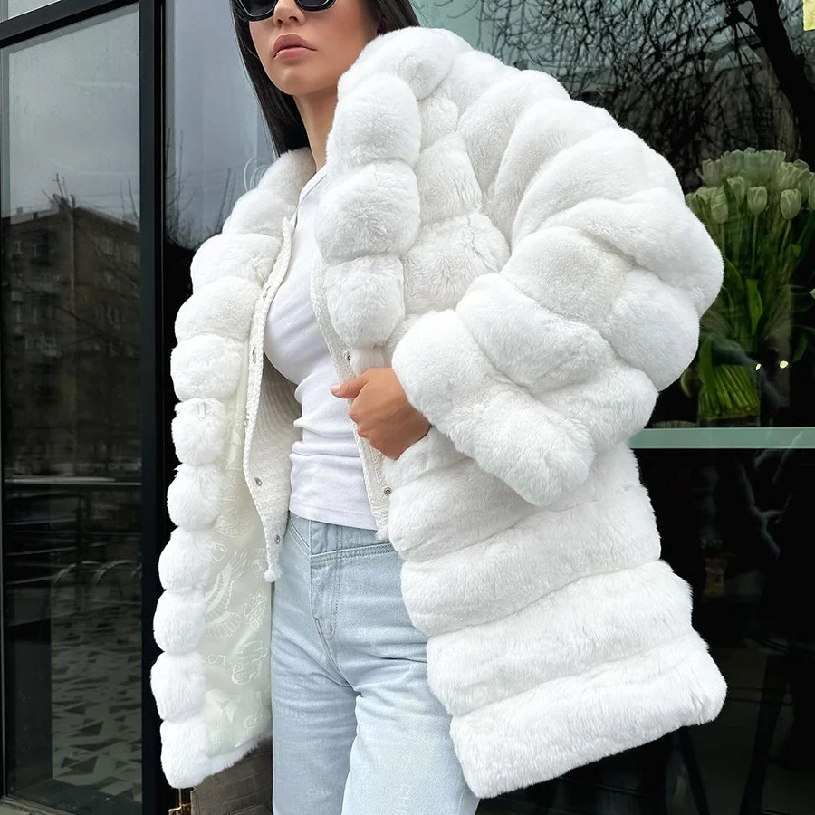 

Women Fox Fur Coat Turndown Collar White Genuine Fox Fur Jackets For Womens Winter Warm White Fur Coats For Women