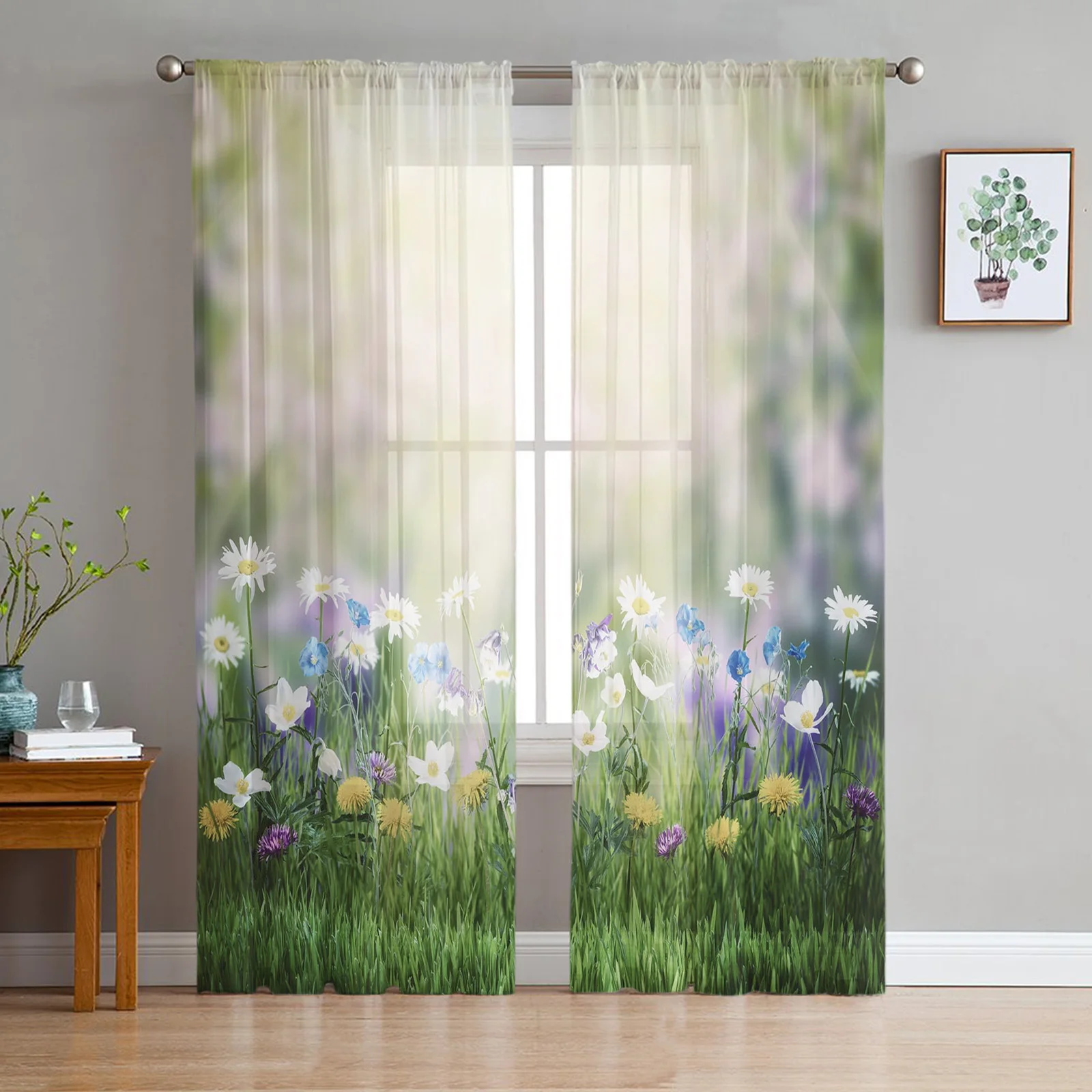 Green Meadow Wildflower Sunlight Sheer Curtains for Living Room Decoration Window Curtains Kitchen Tulle Voile Organza Curtains