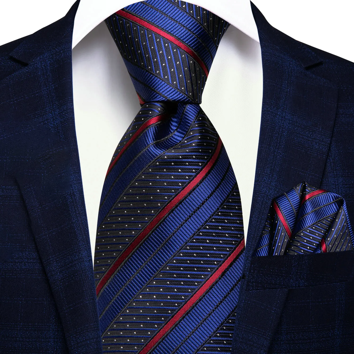 VERVEROW Mens Striped Blue Red Necktie Set with Pocket Square Elegant Formal Tie for Ceremony Party Business Suit