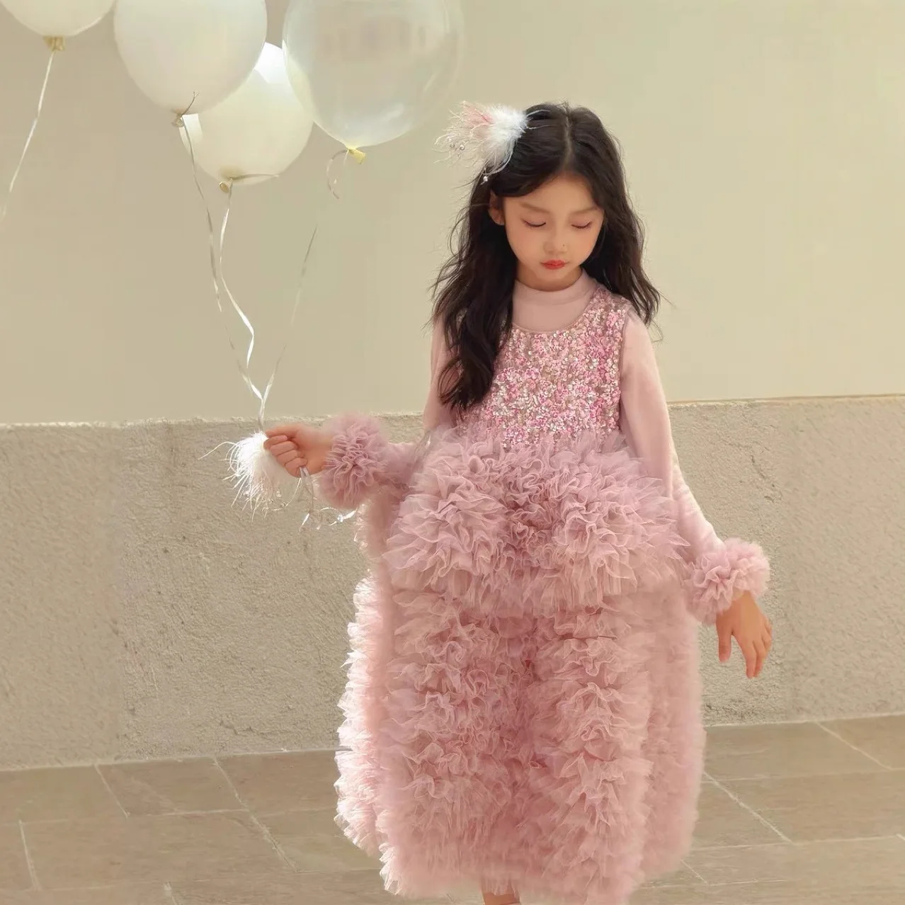 

2025 Spring Autumn New Girls Mesh Vest Princess Dress Children Puff Cake Dress Sweet Birthday Dress