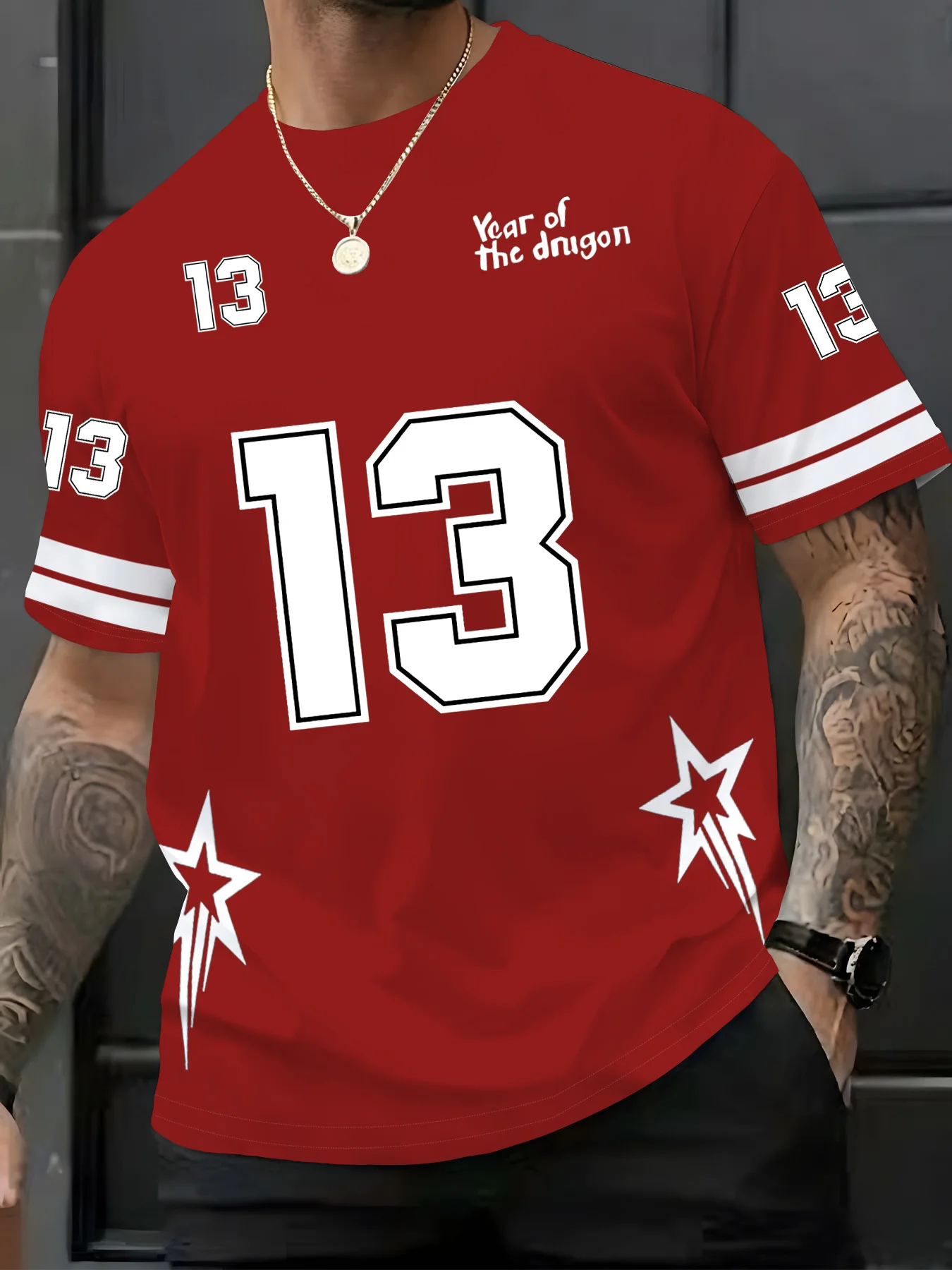 Men Gradient  Number 13 T‑Shirt Year Of The Dragon Star Print Short Sleeve O‑neck Casual Sports Jersey Tops For Men