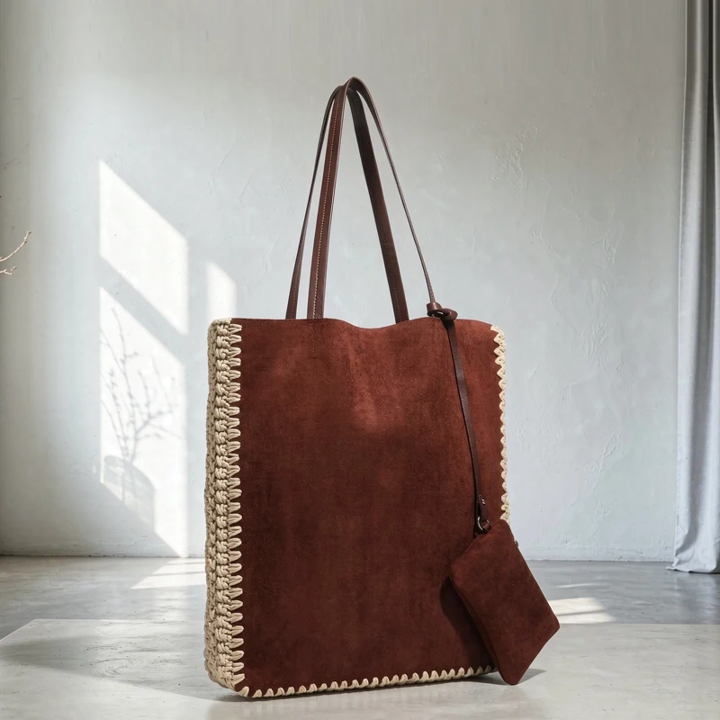 Faux Suede Tote Bags For Women Luxury Designer Handbags Purses 2026 New In With Mini Pocket Braided Rope Trim Underarm Shoulder