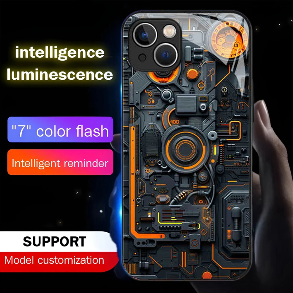 Mechanical Circuit Design Led Light Phone Case Call Flash Glitter Cover For iPhone 16 15 14 13 12 11 Pro Max X XR Plus