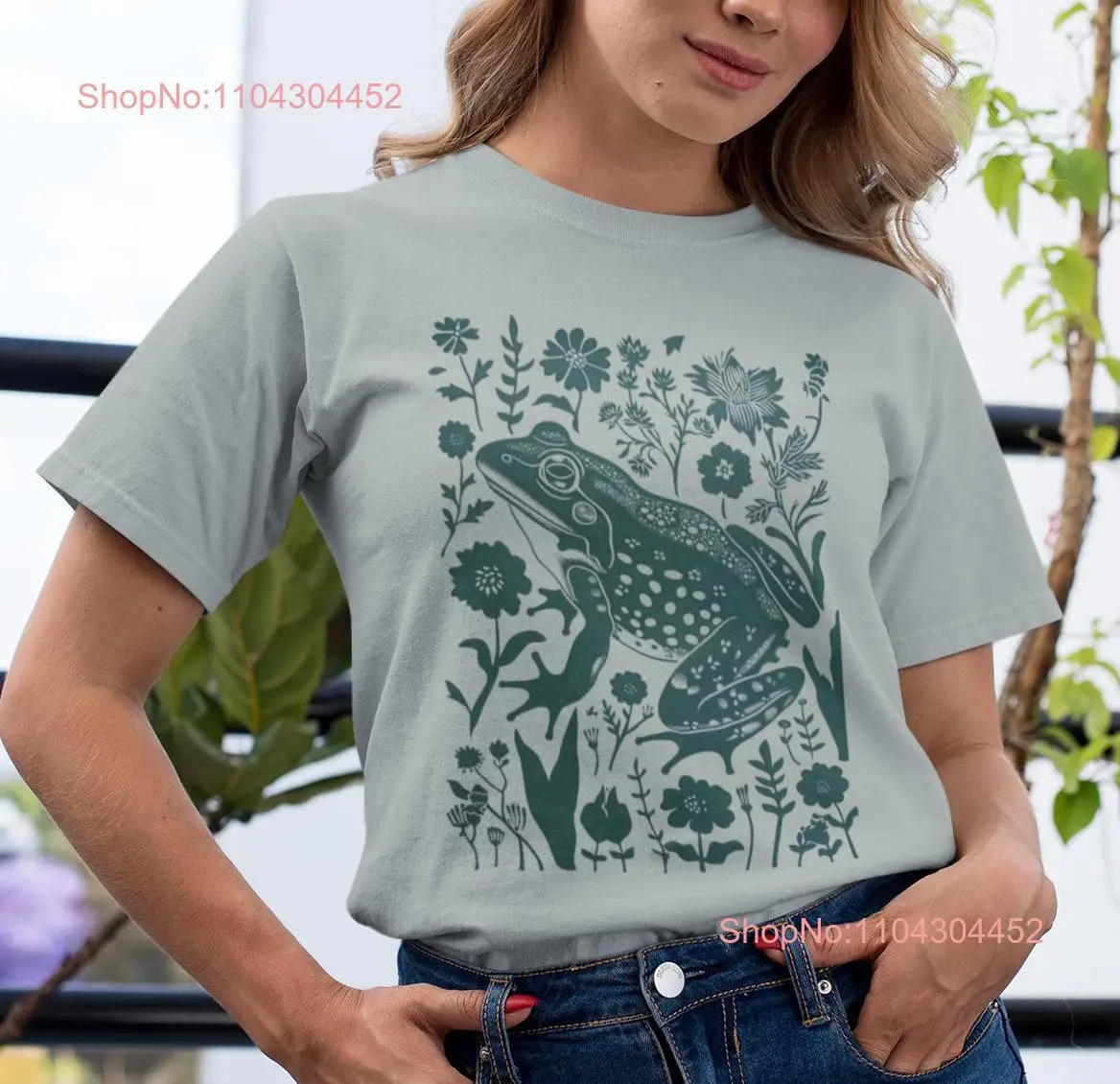 꽃 개구리 블록 프린트 편안한 색상 티셔츠, 자연 애호가 식물 긴 소매 또는 반팔