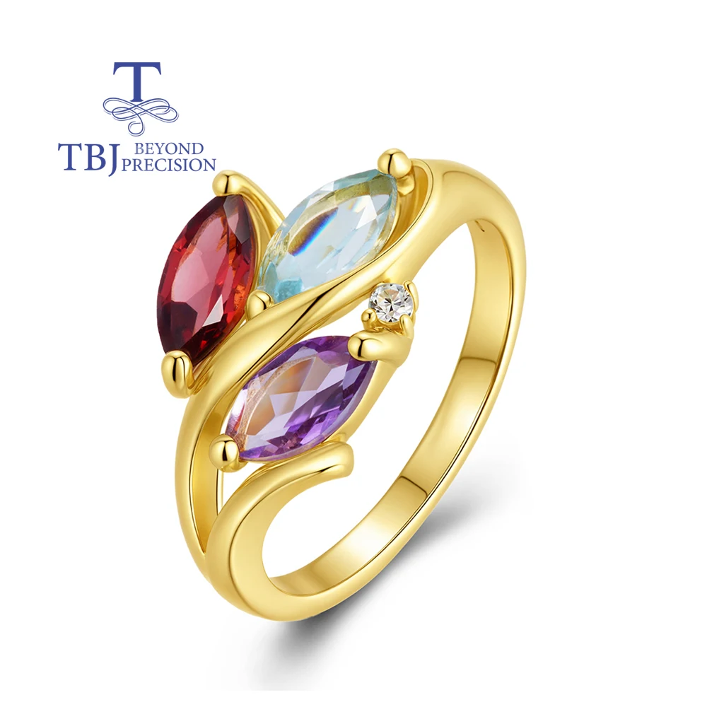 

Новое кольцо из стерлингового серебра 925 пробы, натуральный аметист, гранат, небесно-голубой топаз, дизайн в форме листа, изысканные украшения для женских подарков на годовщину