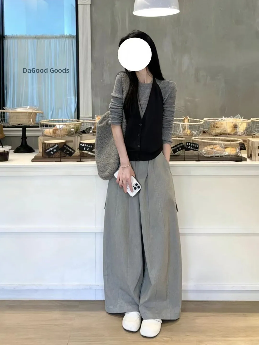 

Gray Long Sleeve Knitted Sweater And High Waist Loose Pants Two Piece Set Floor Length Draping Casual Spring Fashion Women's ...