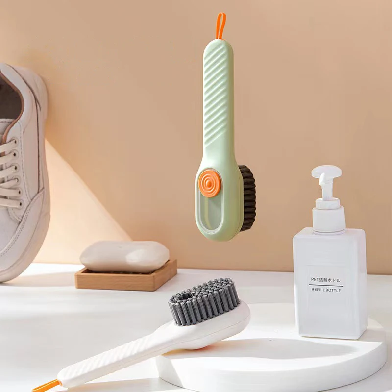 1Pc Multifunctional Shoe Cleaning Brush with Liquid Dispenser Long Handle Soft Bristle No Damage for Sneakers Home Laundry Use