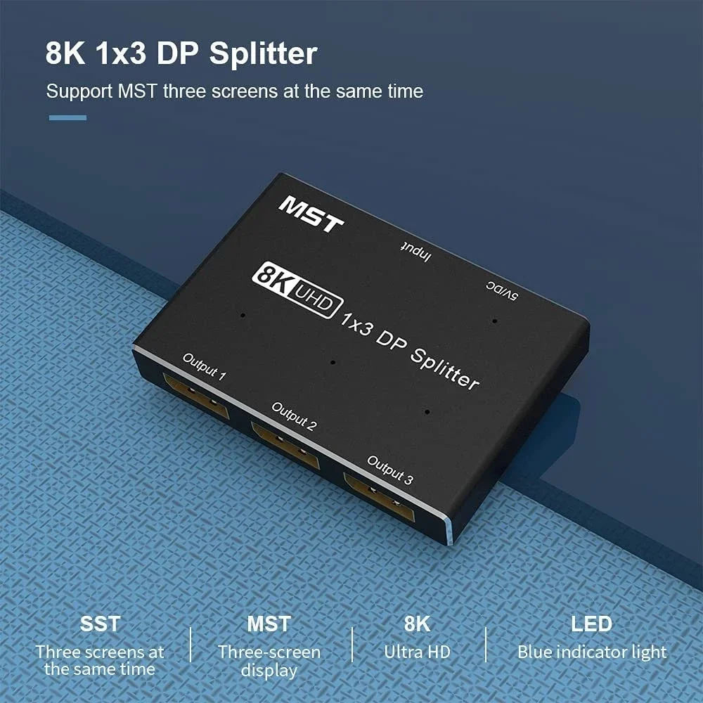DisplayPort Splitter 1 in 3 Out 8K@60Hz 4K@120Hz MST SST Triple Monitor Splitter with Extended Display 32.4Gbps DP1.4 Multi Hub