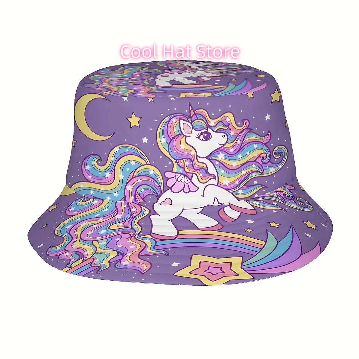 A Single Piece of a Whimsical White Unicorn Bucket Hat Featuring a Starry Design Amidst Rainbows, Perfect for Outdoor Activities