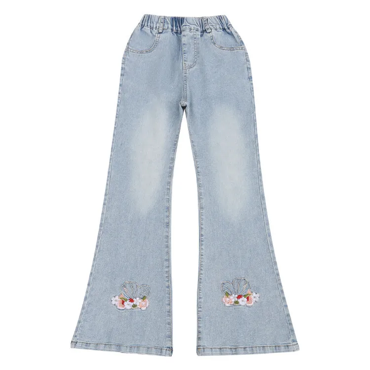 Girls' Pants Embroidered Jeans 2024 Summer New Mid To large Children's Thin Flared Slim fit Pants Versatile Pants 5-14Years