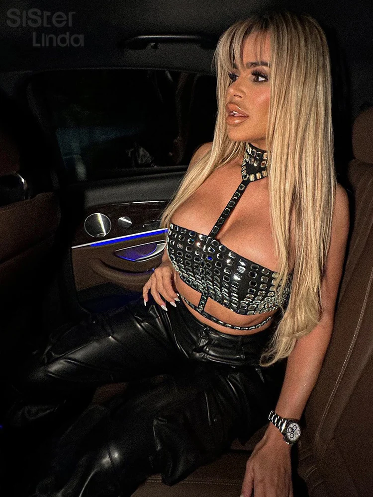 Sisterlinda paillettes strass licou Sexy débardeurs femmes sans manches Patchwork pansement mince Chic Camis dame fête Clubwear gilet