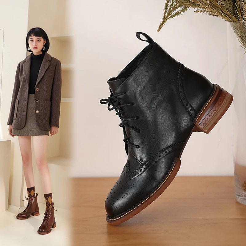 2022 Autumn Winter Women Ankle Boots Office Ladies Casual Round Toe Low Heels Cross-Tied Genuine Leather Platform Shoes Woman