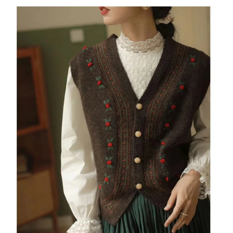 Gilet tricoté brodé à col en v pour femmes, pull empilé à l'intérieur, Cardigan, haut de printemps