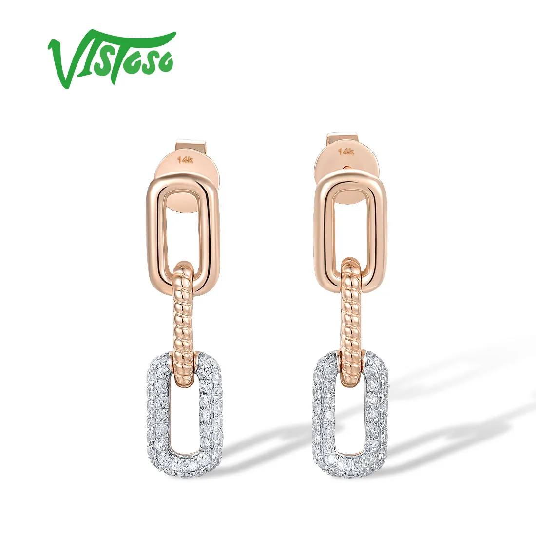 VISTOSO 14K 585 Rose Gold Stud Earrings For Women Sparkling Genuine Diamonds Dangling Chain Link Geometric Fine Fashion Jewelry