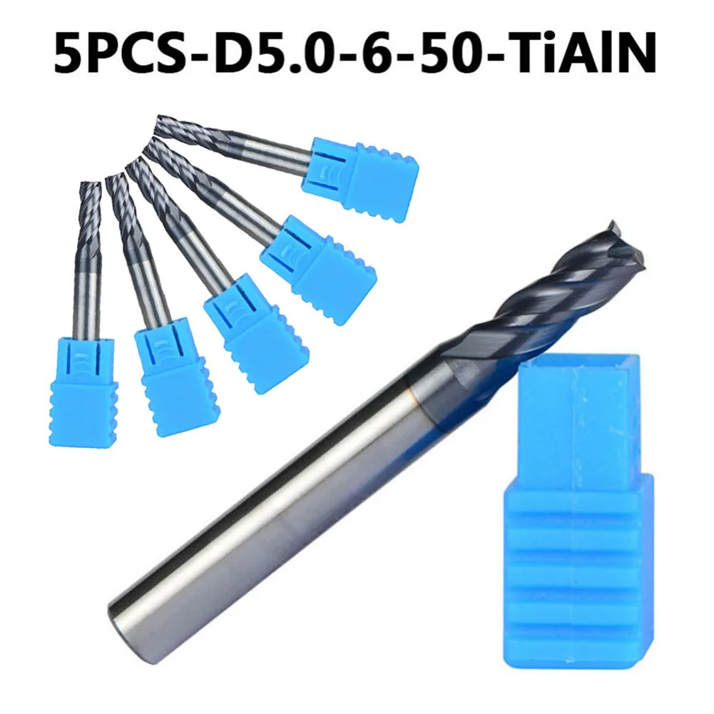 

5pcs 5mm Cutting Dia Solid Tungsten Carbide End Mill Bit 4-Flute 6mm Shank HRC45 Length 50mm Power Tools Accessories