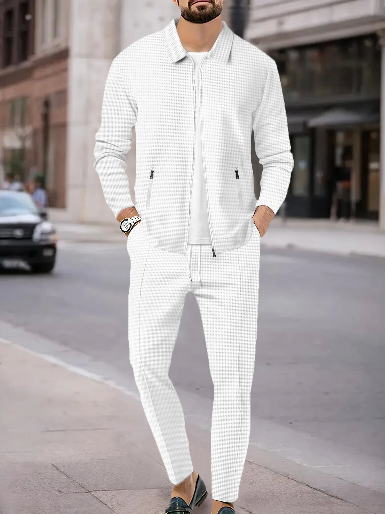 

Clean Solid Textured Set Men Spring Fall Lapel Zip up Top & Loose Pants 2 Piece Casual Outfit