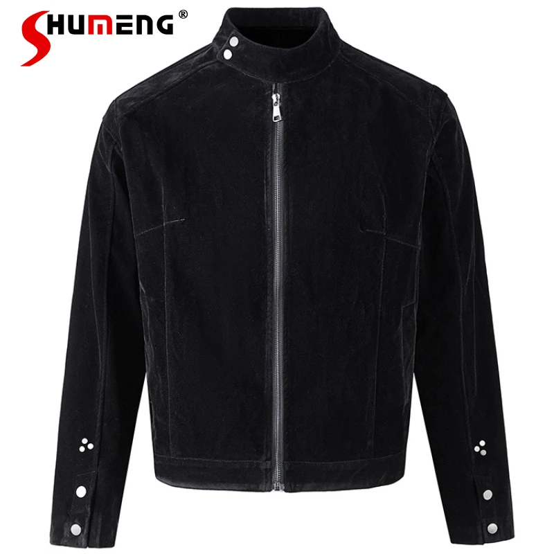 

Мужские и женские осенние пальто 2023, новые ретро пары на молнии, однотонные свободные куртки с инструментами, шикарные мотоциклетные куртки с украшением на пуговицах