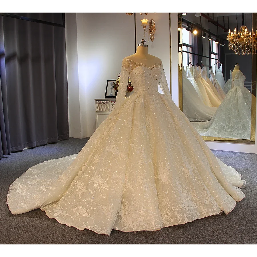 Customized Luxury Lace applique pearls wedding dresses Ball Gown Long Sleeves Shinny Wedding Dress Amanda Novias 2025