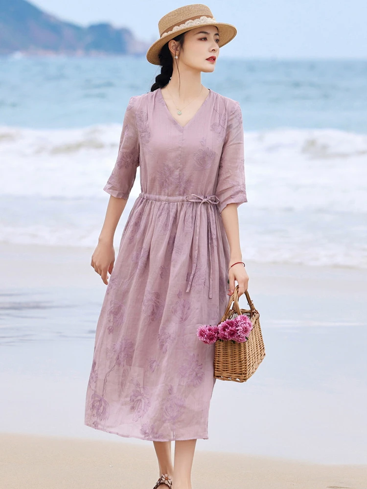 

High Quality Ramie Women Casual Dress New 2025 Summer Vintage Style V-neck Floral Embroidery Ladies A-line Long Dresses M1803