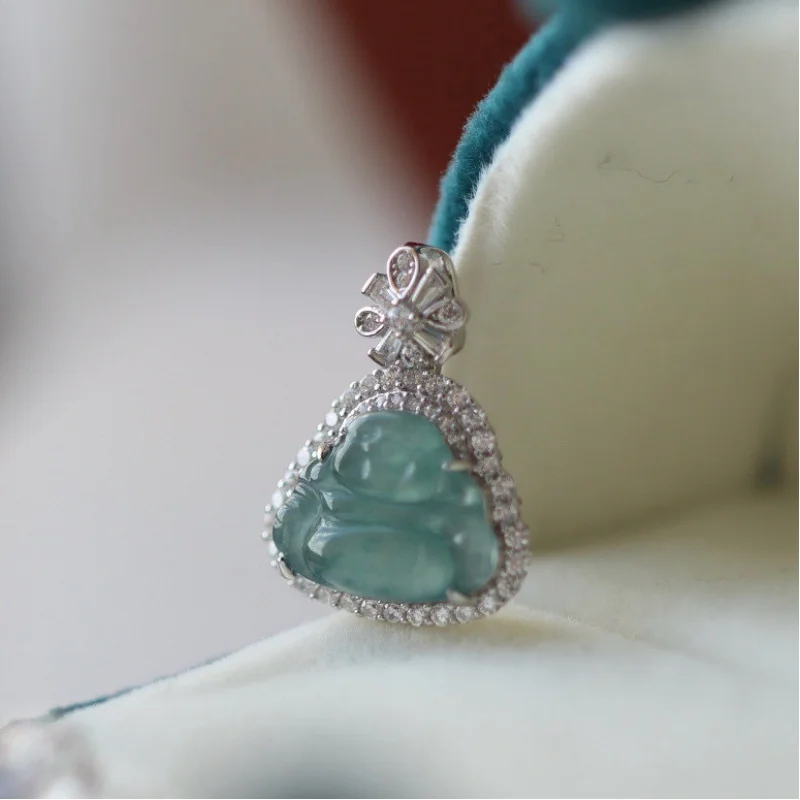

Jade A-Like Blue Smiling Face Maitreya Buddha Pendant 925 Silver Inlaid