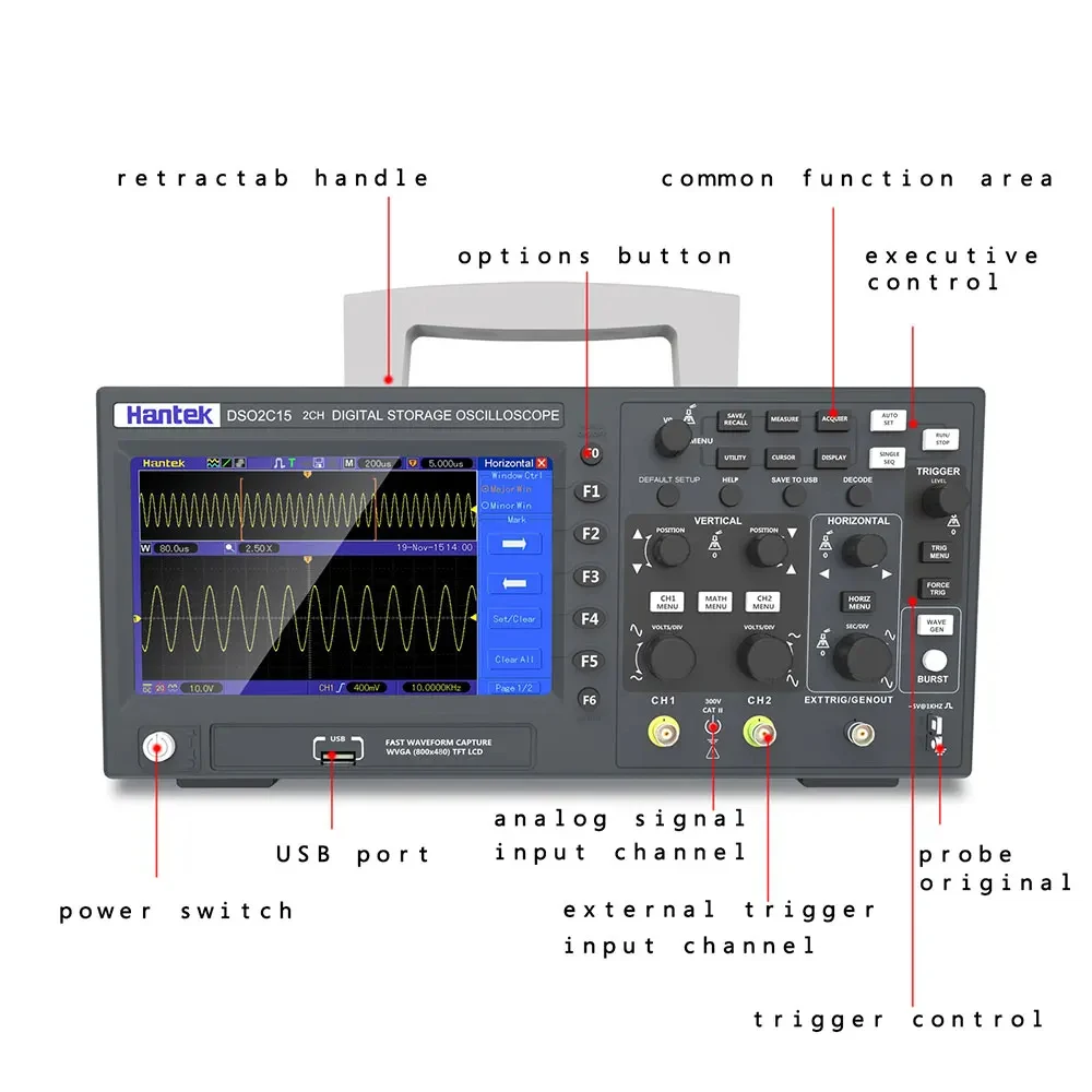 DSO2C10 DSO2D10 DSO2D15 Digitale Opslag Oscilloscoop 2-kanalen 150MHz 1GSa/s 8Mpts Signaalgenerator Voltmeter Frequentiemeter