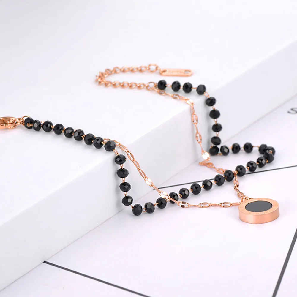 Lokaer Modische Edelstahl-Armbänder mit schwarzen Kristallen für Damen, Böhmen-Stil, römische Ziffern, Charm-Armband, B21014