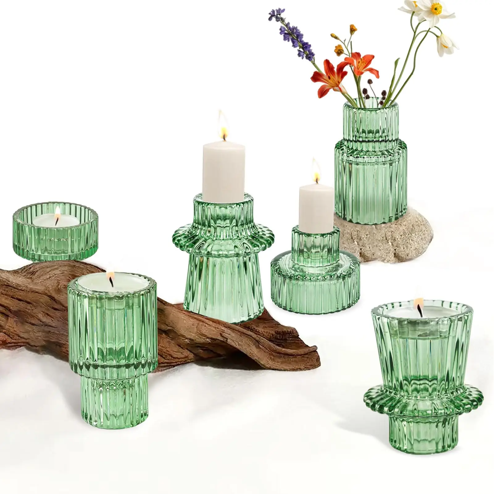 Set van 3 glazen kandelaars groen Boho dubbelzijdig voor theelichtjes, tafeldecoratie, woonkamer, glazen kaarsenhouder, bruiloft