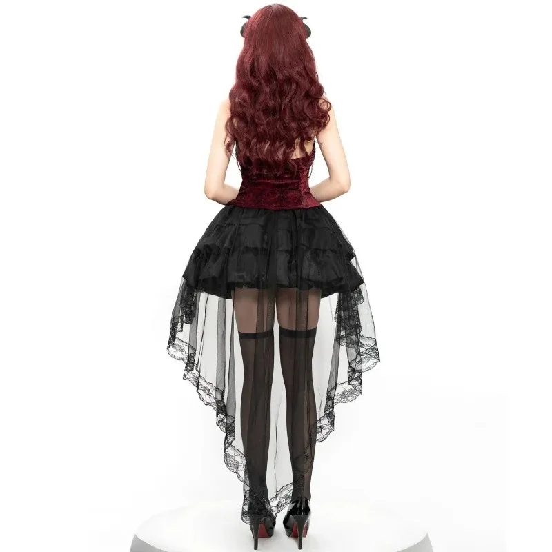 Adult Women Gothic Victorian Cosplay Costume Women Black Burgundy Lace Tiered Skirt Devil Witch Halloween Theme Party Outfit - view 3