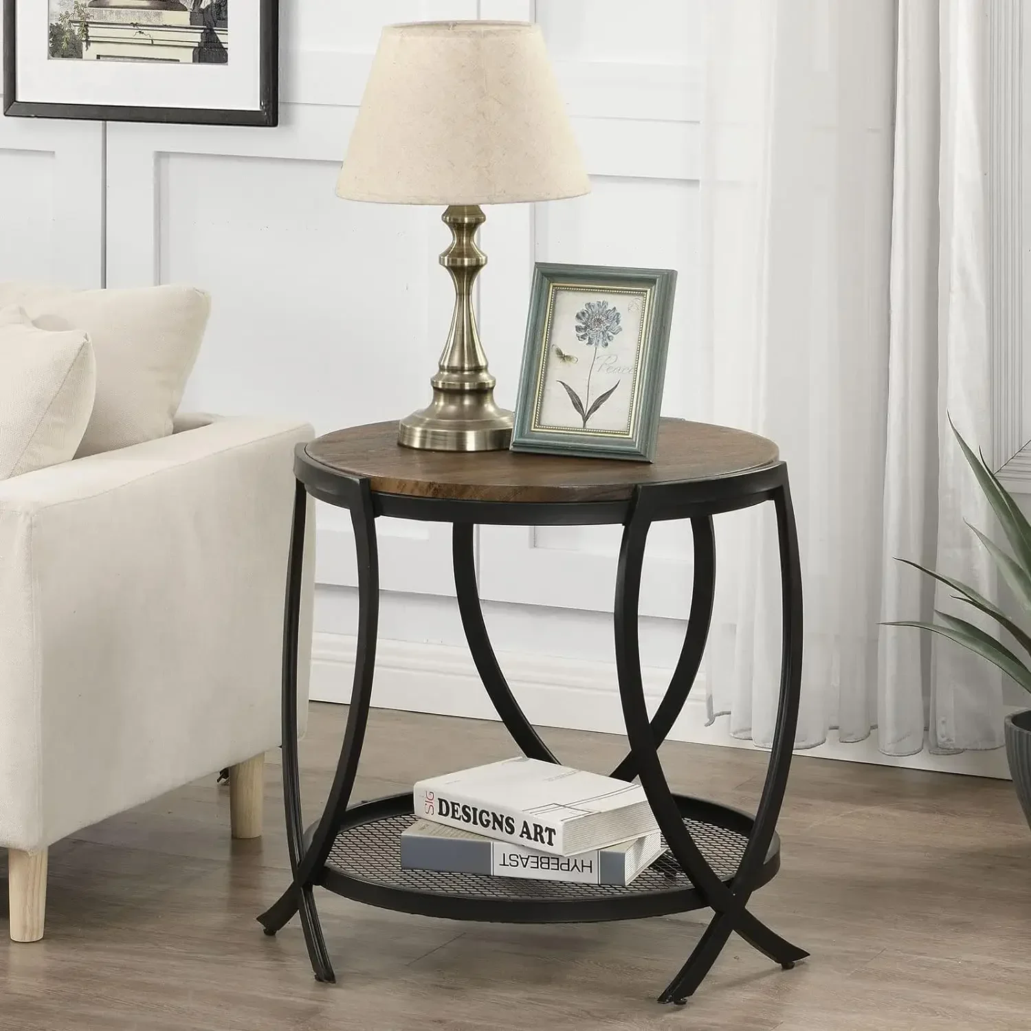 Industrial Round End Table with Storage Shelf, 2-Tier Side Table for Living Room, Adjustable Feet & lmitation Wood Grain Surface