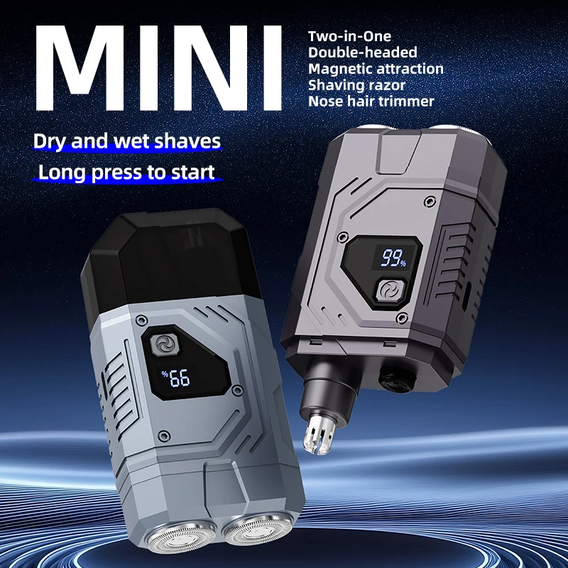 Magnetic Double Blade Electric Shaver for Men Mecha Punk Style Rechargeable LCD