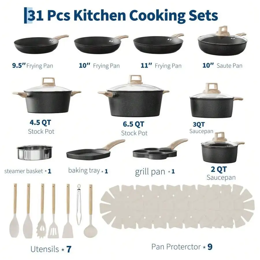 26/31Pcs Nonstick Pots And Pans Set - Cookware Set, Fixed Handles - Frying Pans, Saucepans, Stockpot, Steamer & Utensils - Induc