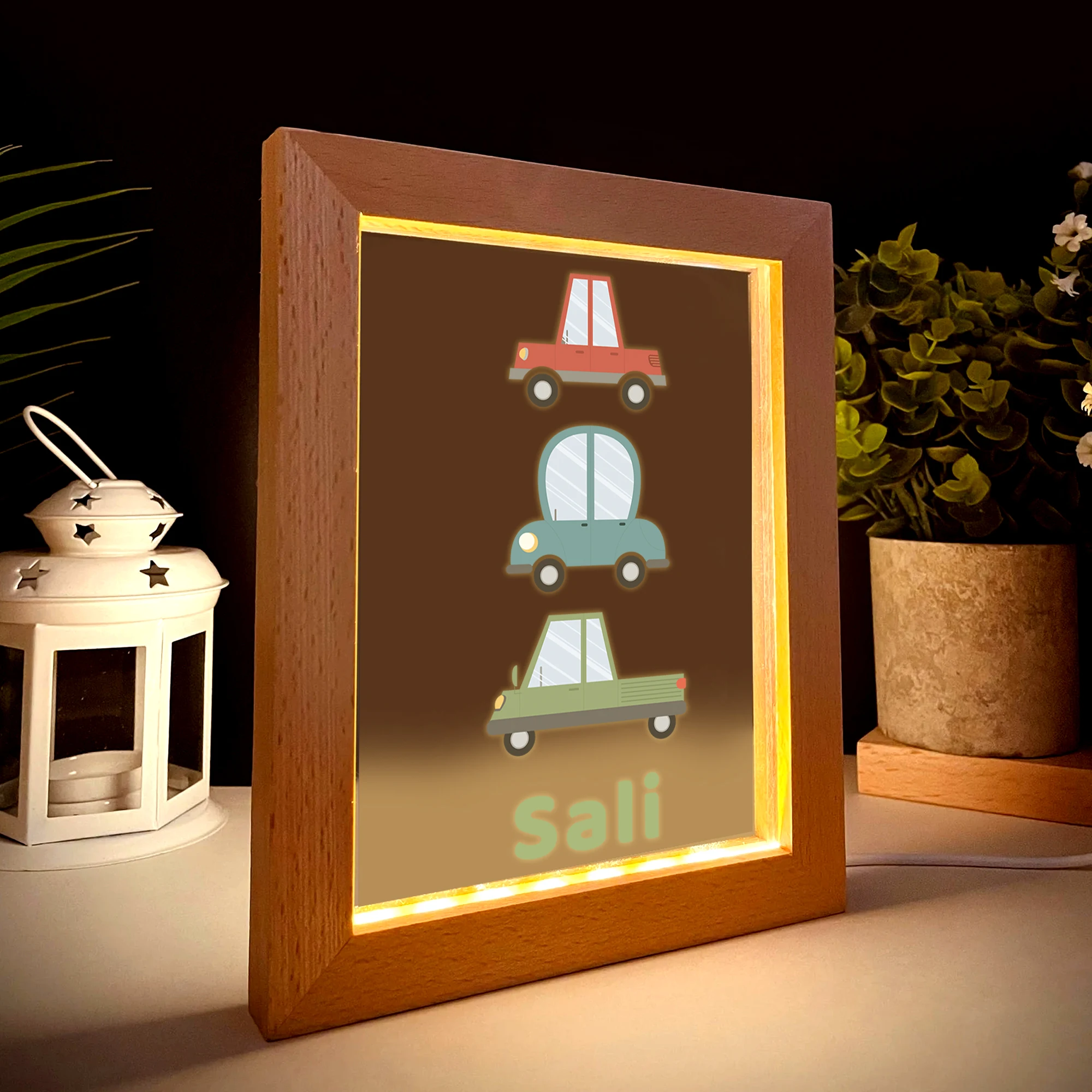 2D شقة مخصصة اسم سيارة LED الاكريليك ليلة ضوء الخشب إطار الصورة 21x17 سنتيمتر الكرتون الأطفال غرفة نوم الهدايا ديكور المنزل #2