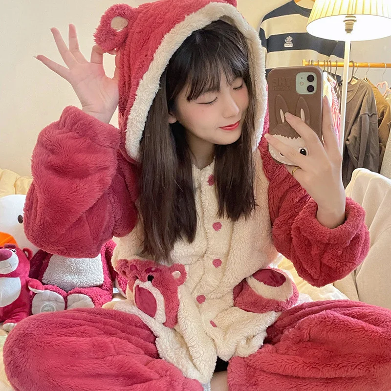 Disney winter strawberry bear cute warm pajamas female cartoon thickened coral fleece hooded cardigan loungewear set