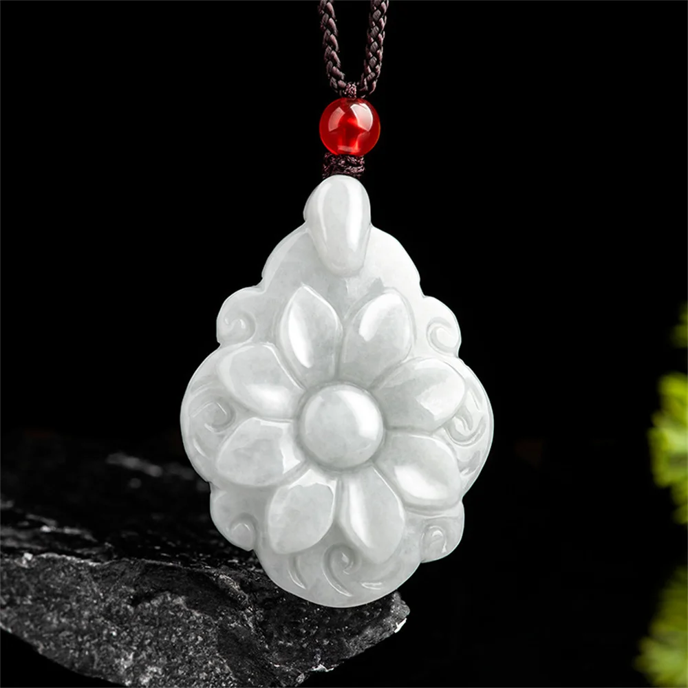 

Очаровательный натуральный ледяной жадеит, резной шарм, долголетие, цветок, счастливый кулон, амулет, ожерелье, сертификат, роскошные винтажные ювелирные изделия из нефрита