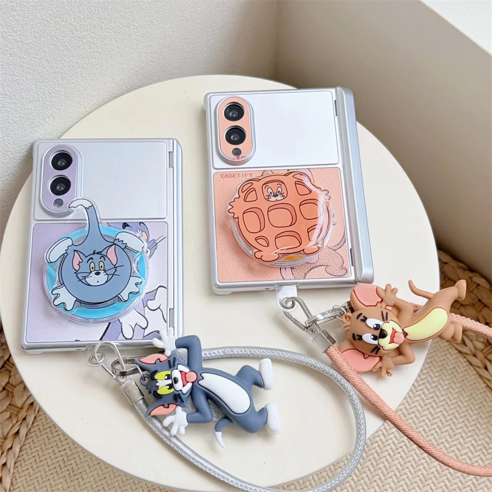 Korea Cute cat mouse Magnetic stand Phone Case For Samsung Galaxy Z Fold 8 Ultra Cartoon Hard Cover With Wrist Strap For Magsafe