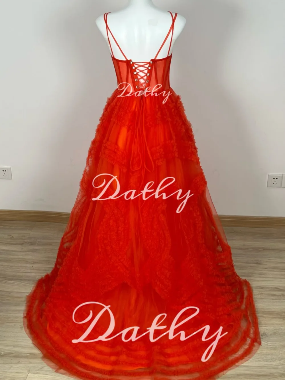 Dathy Tangerine Tulle Ormant Prom Dress Backless Lace Up Long Dress Heavy Work Layered Hem 3D Formal Evening Dress