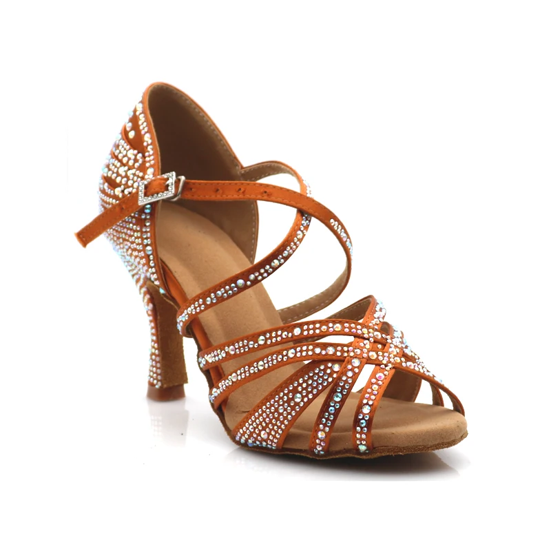 Loogtshon Rhinestone Embellished Latin Dance Shoes for Women Soft Bottom Salsa Sandals High Heels 7.5cm Wedding Ladies Dance Foo