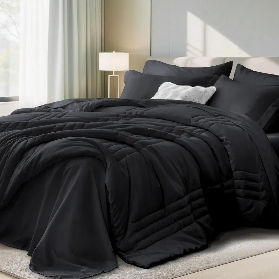 

Queen Comforter Set Black Bed in a Bag Queen Size 7 Pieces, Soft Bedding Set for All Seasons, Premium Queen Comforter Set with C