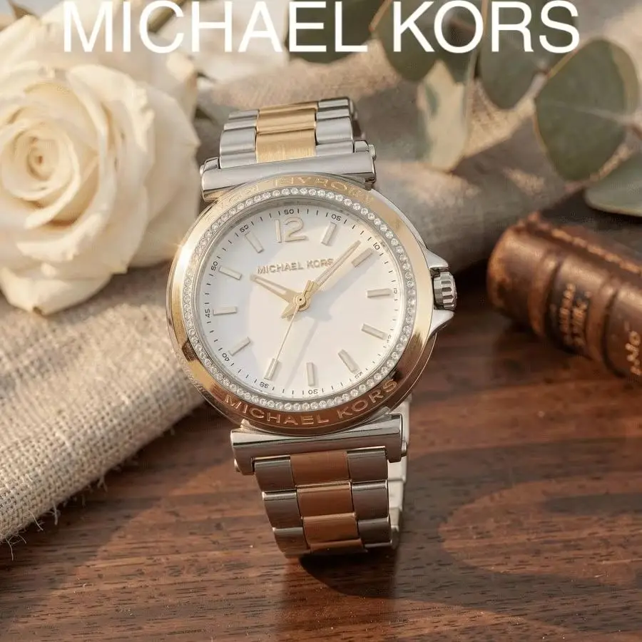Michael Kors Women Quartz Watch Two Tone Steel Bracelet Crystal Bezel White Dial Elegant Ladies Wristwatch Gift