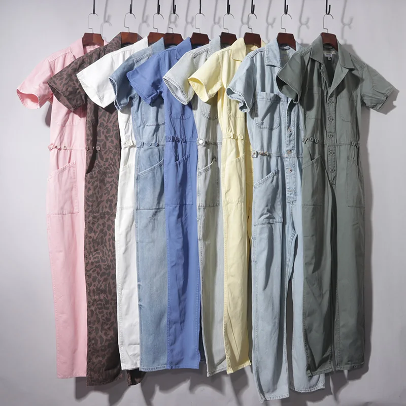 

Pure Cotton ort Sve Overalls Spring Summer Denim Women's Workwear Thin irt Collar Waist Cinch Button Detail