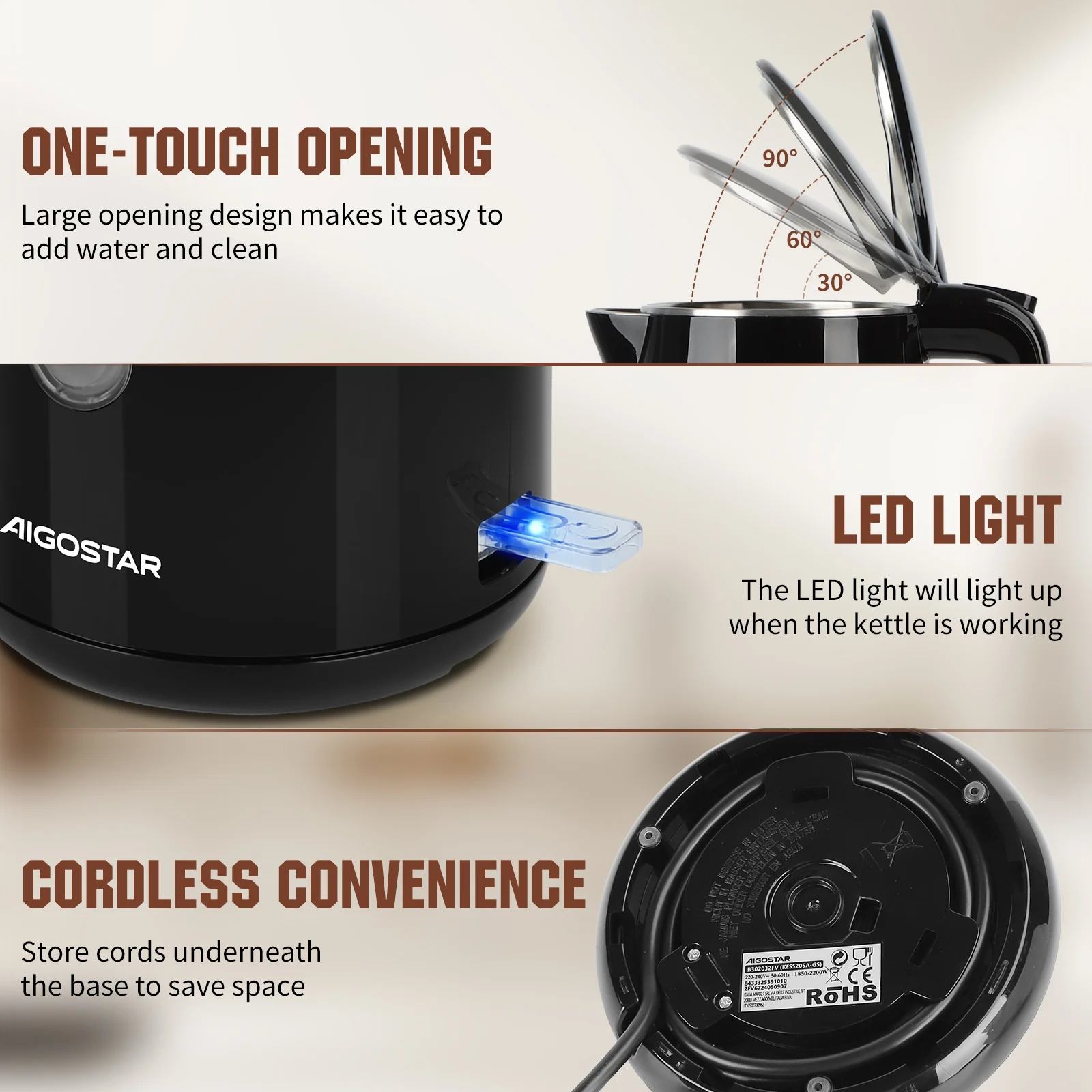 غلاية ستانلس ستيل 1.7 لتر مع مؤشر مستوى الماء، تسخين سريع 4 دقائق حتى 100 ° ج، غلاية كهربائية سوداء