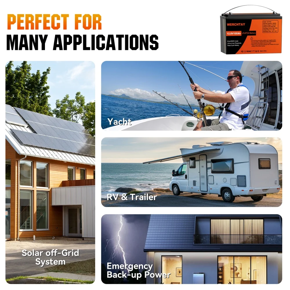 WERCHTAY 12 فولت 100 أمبير بلوتوث LiFePO4 بطارية ليثيوم ذكية 100A BMS 25000 + دورات بطاريات قابلة للشحن للتخييم قارب الطاقة الشمسية