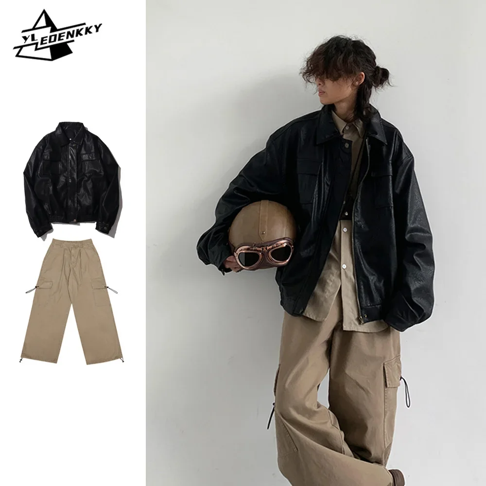 Retro Cargo Set Men Women Harajuku Loose Motorcycle Pu Leather Jacket+wide Leg Straight Casual Pant Autumn Unisex Two-piece Suit