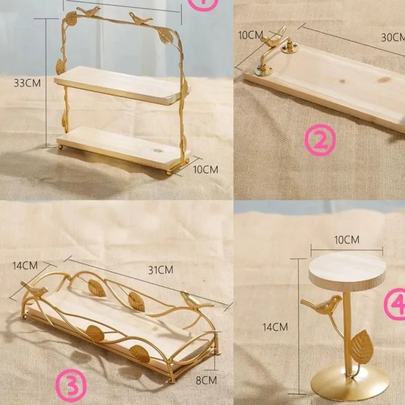 Nordic Wooden Tray Golden Iron Dessert Display Stand Dim Sum Shelf Afternoon Tea Frame Wedding Birthday Cake Rack Decoration Art