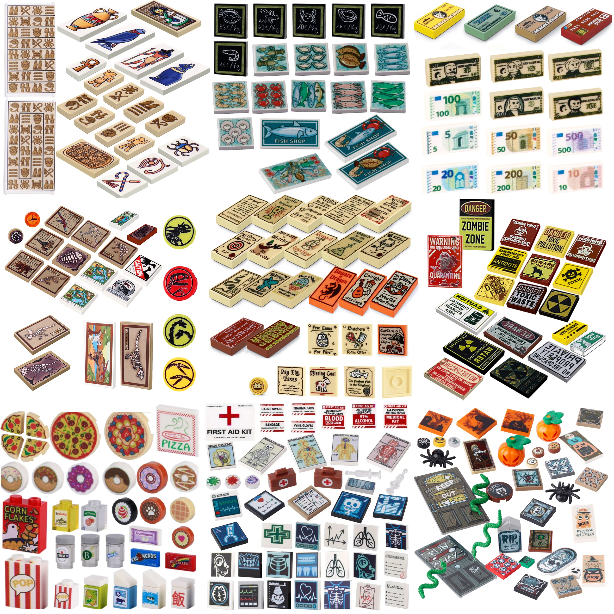 MOC Food Money Building Blocks Kit Bill Custom Printed Tiles DIY City Zombies Bricks Toys Compatible