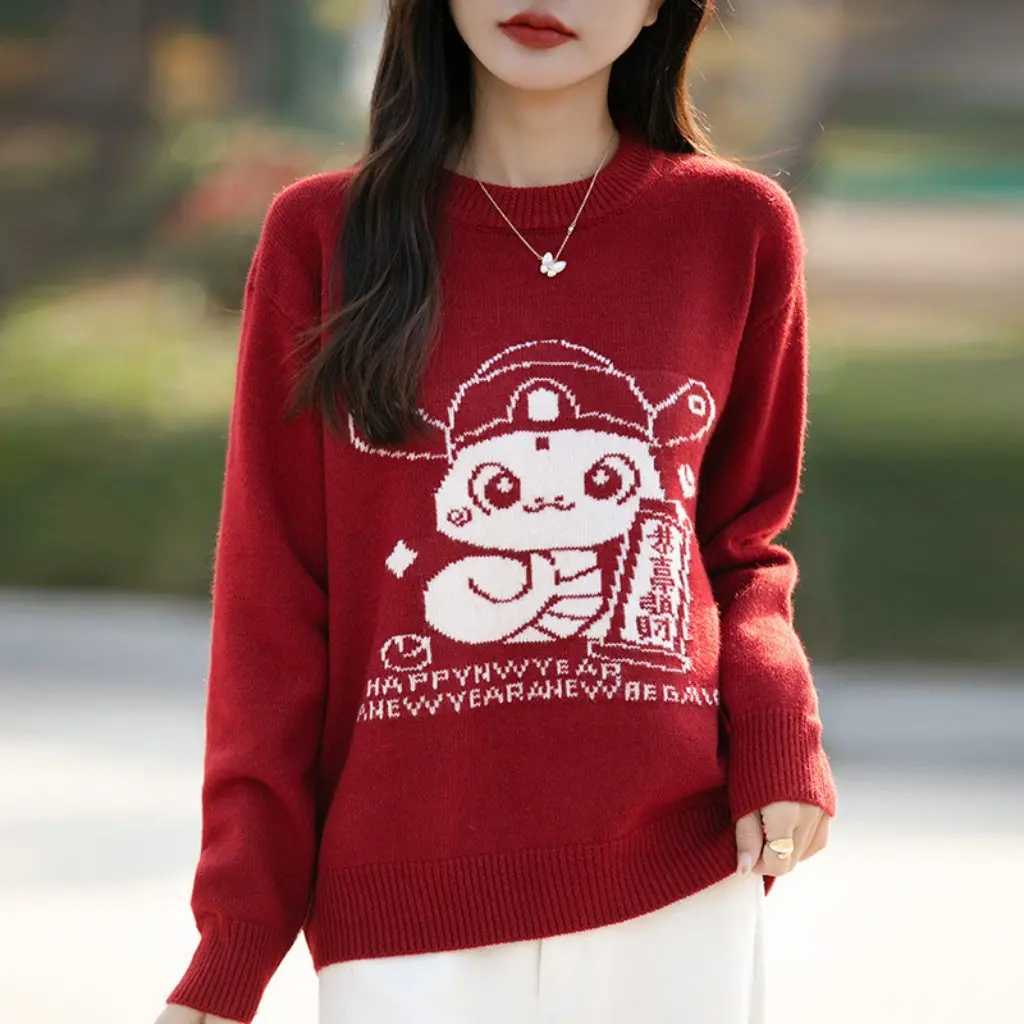 

Women's Red Jacquard Crewneck Knitted Turtleneck Shirt Warm Base Layer for New Year Snake Year Life Theme Fashionable Top