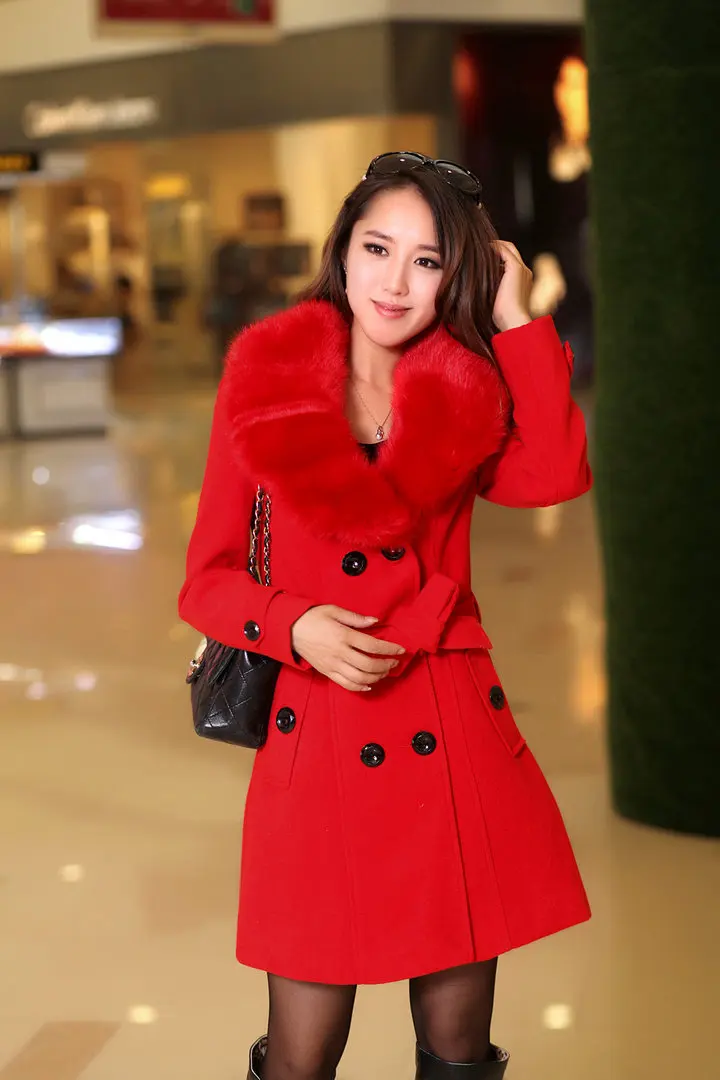 Autumn and Winter Woolen Women's Coat Double-Breasted Mid-Length Woolen Coat with Wool Collar Ropa Mujer