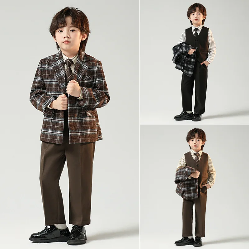 Children Boys Autumn Winter Plaid Suit Kids Boys Wedding Piano Performance Birthday Party Photography Costume Formal Blazer Suit
